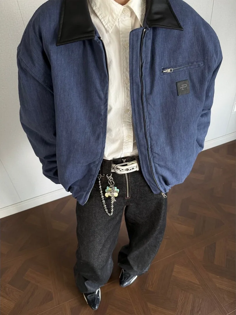 

Retro American Detroit Workwear Jaet Cotton PU Leather Patchwork Collar Men's Warm Outerwear Casual Loose Fit Long Sve