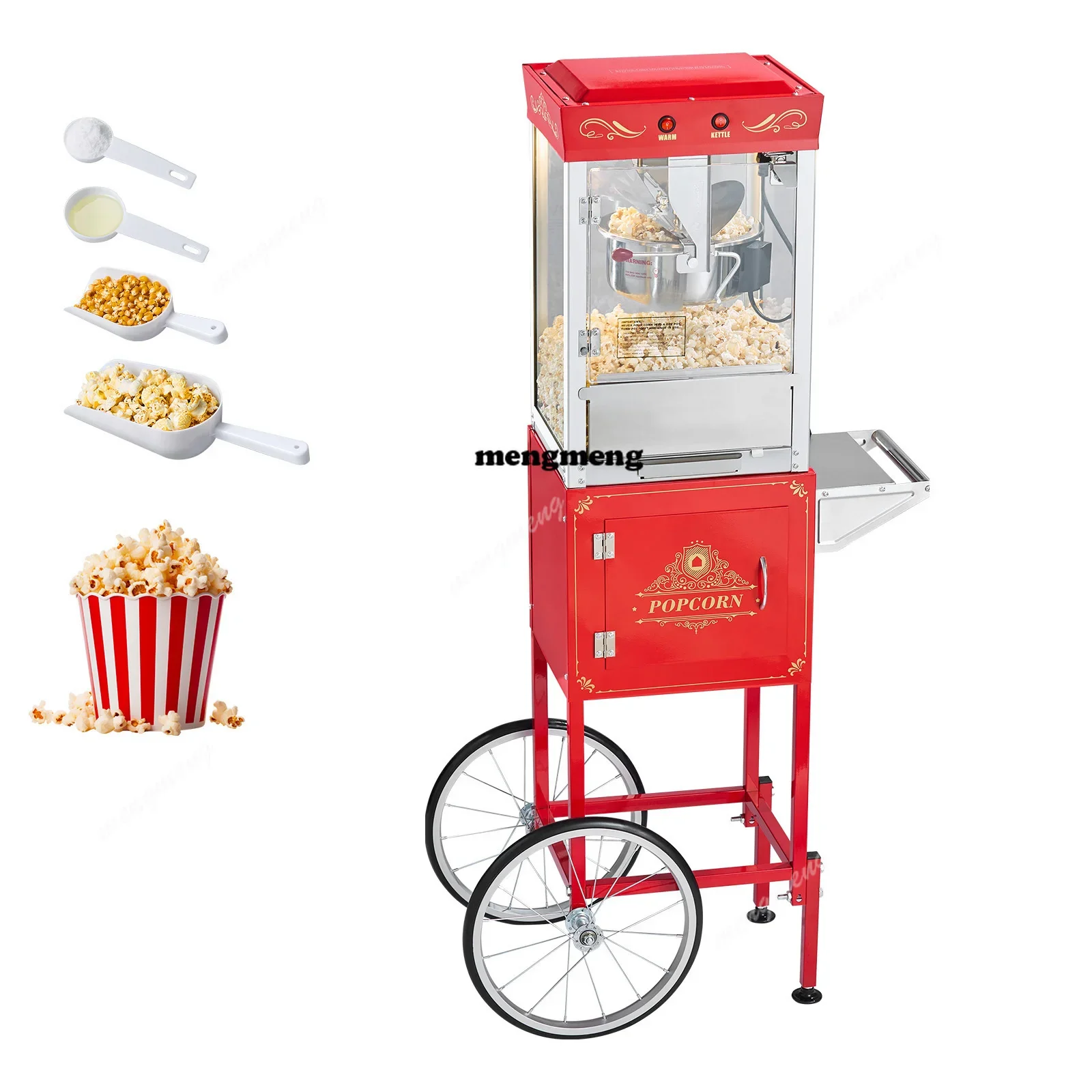 Popcorn Machine with Cart Stainless Steel Kettle Popcorn Maker with 2-Button Control Glass Wall PC Door 1 Scoop 3 Spoon