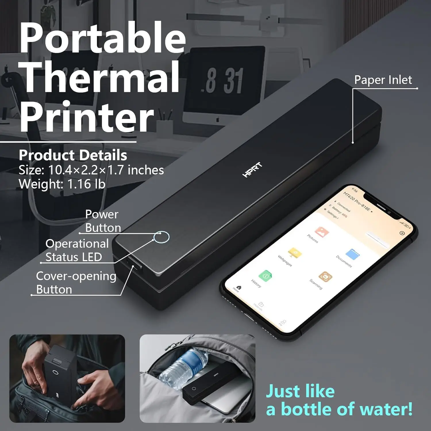 HPRT MT620 Портативный беспроводной принтер, Bluetooth Thermal, без чернил для A4/A5/US Letter Office Car Home iOS Andorid Ноутбук Путешествия