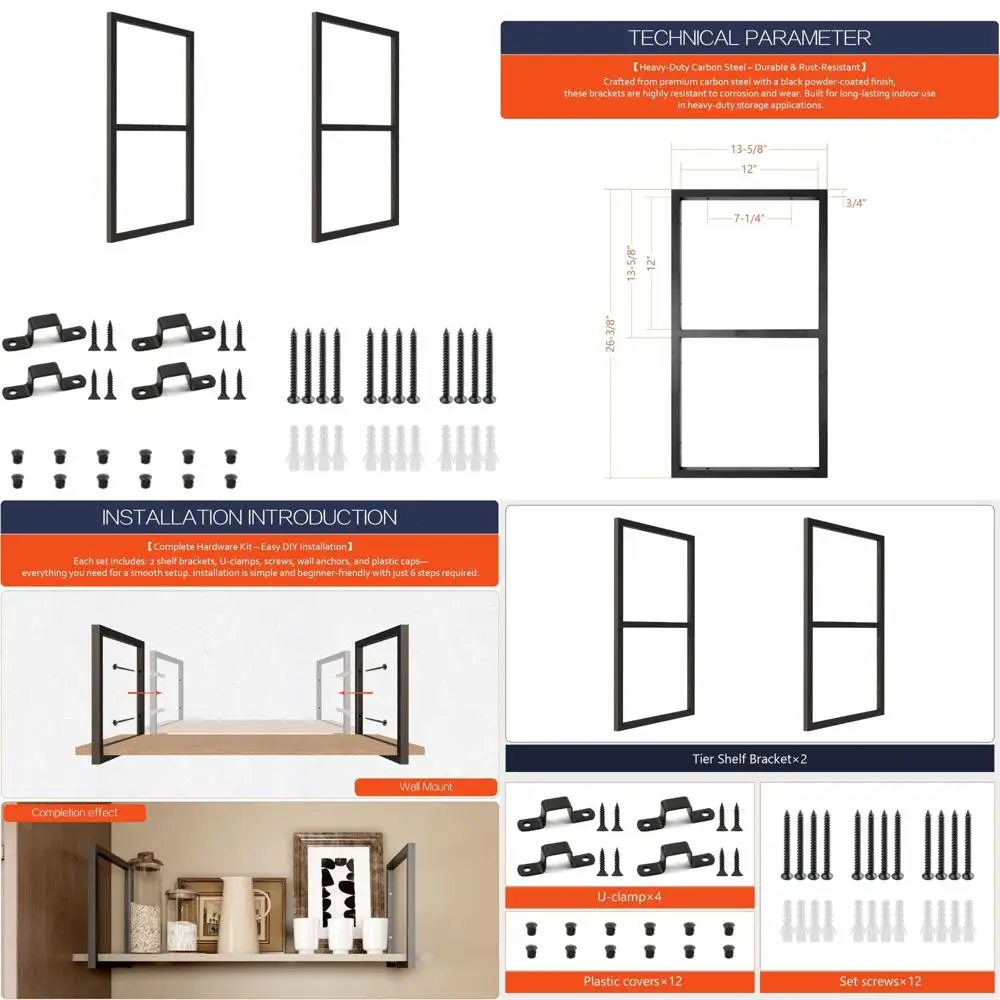 Staffa per mensola quadrata a 2 livelli in acciaio al carbonio verniciato a polvere nera, altezza 26-3/8, soluzione per scaffalature per montaggio a parete o a soffitto