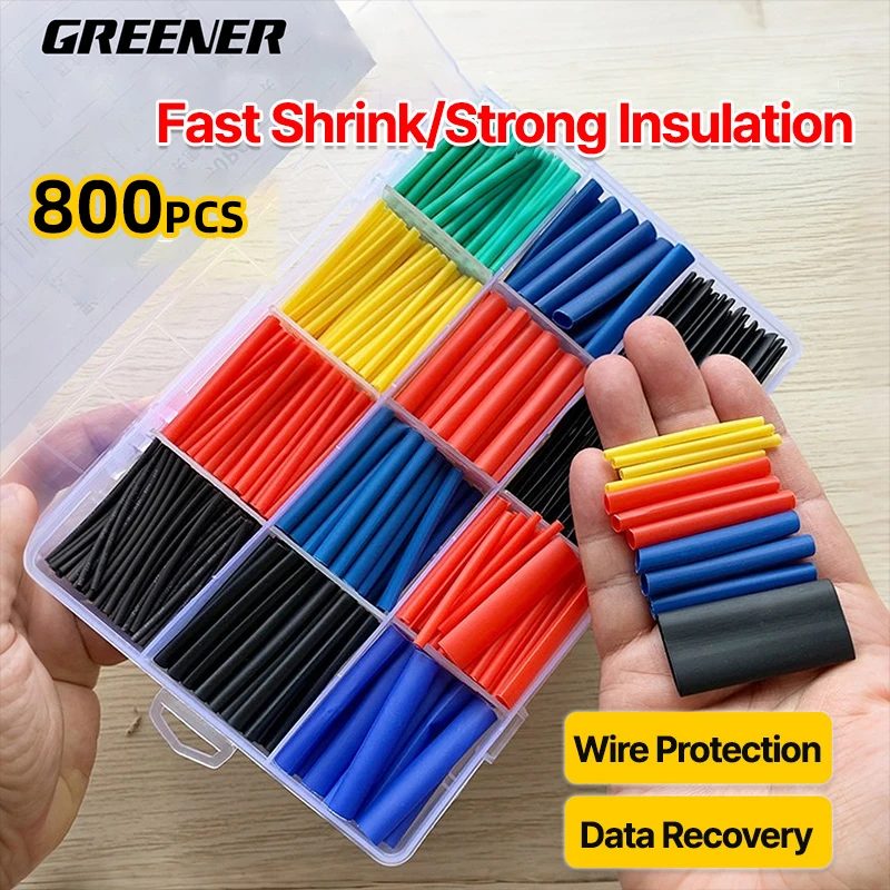 GREENER 164/800Pcs 2:1 Heat Shrink Tube Kit Polyolefin Colorful Flame Retardant Waterproof Wire Sleeve For Auto Marine Home Use