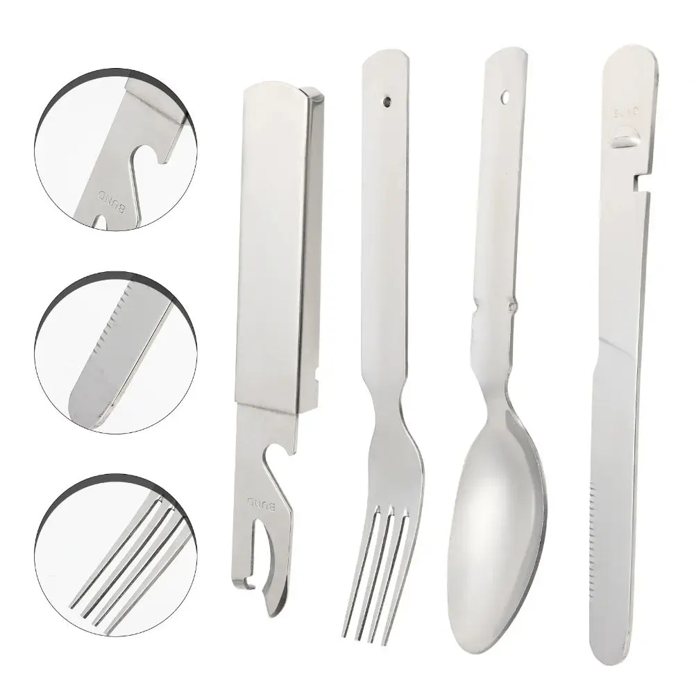 

4-in-1 Tableware Utensil Kit Reusable Stainless Steel Camping Flatware Household Bottle Opener Outdoor Flatware Set