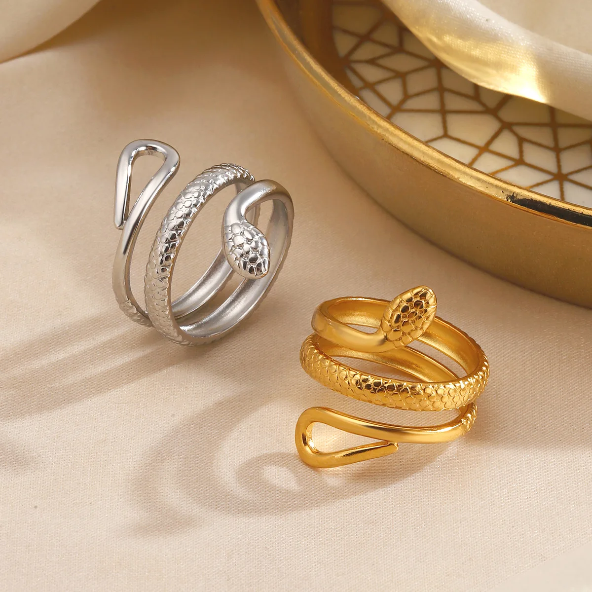 Gothic Snake Shape Adjustable Open Rings for Women Gold Plated Stainless Steel Waterproof Metal Stacking JEWELRY Gift