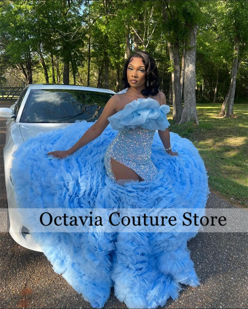 

Sexy Blue Sequin Prom Dresses Long O Neck For Black Girls 2025 Birthday Luxury Dress Ruffles Evening Dresses Customized