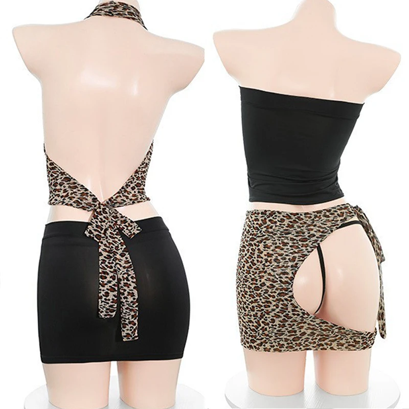 Secretary sexy porno lingerie two-way Flirting sex suit expose chest BDSM leopard print uniform Black stocking accessories sissy