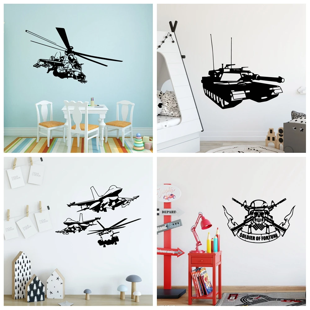 1 Stück wasserfeste Vinyl-Aufkleber-Tapete – Tanks, Flugzeuge und Soldaten, Heimdekoration für Kinderzimmer, Kunst, dekorative Wandverkleidung