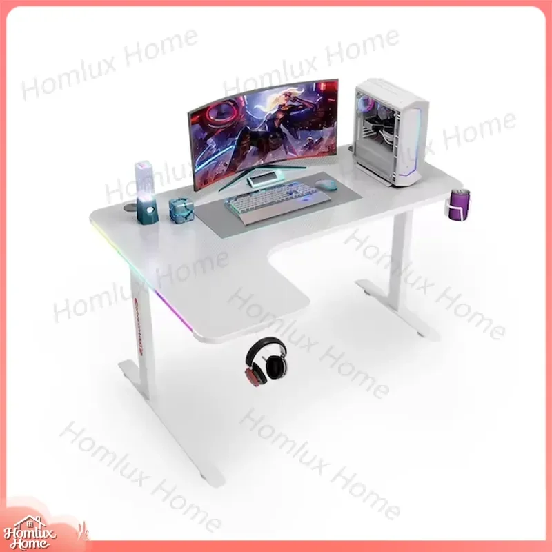 Large L-Shaped RGB LED Gaming Desk Adjustable Height White Modern PC Computer Table for Esports Setup Ergonomic Office Desk