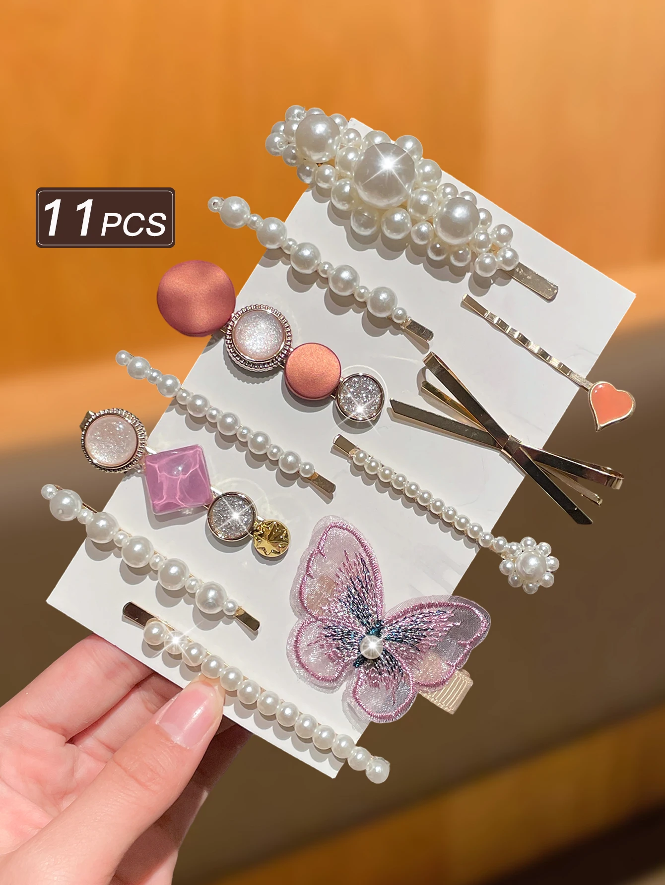

11Pcs Mixed Style Hair Clips Set, Pearl & Rhinestone Barrettes, Butterfly & Heart Decor Bobby Pins for Women Girls