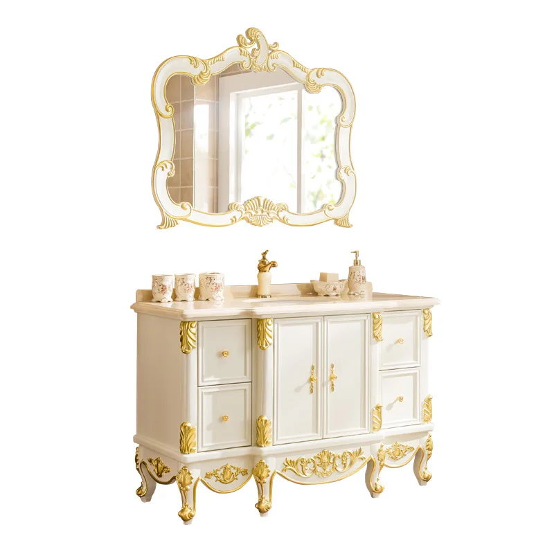 European-style bathroom vanity set with floor-standing oak washbasin and cabinet