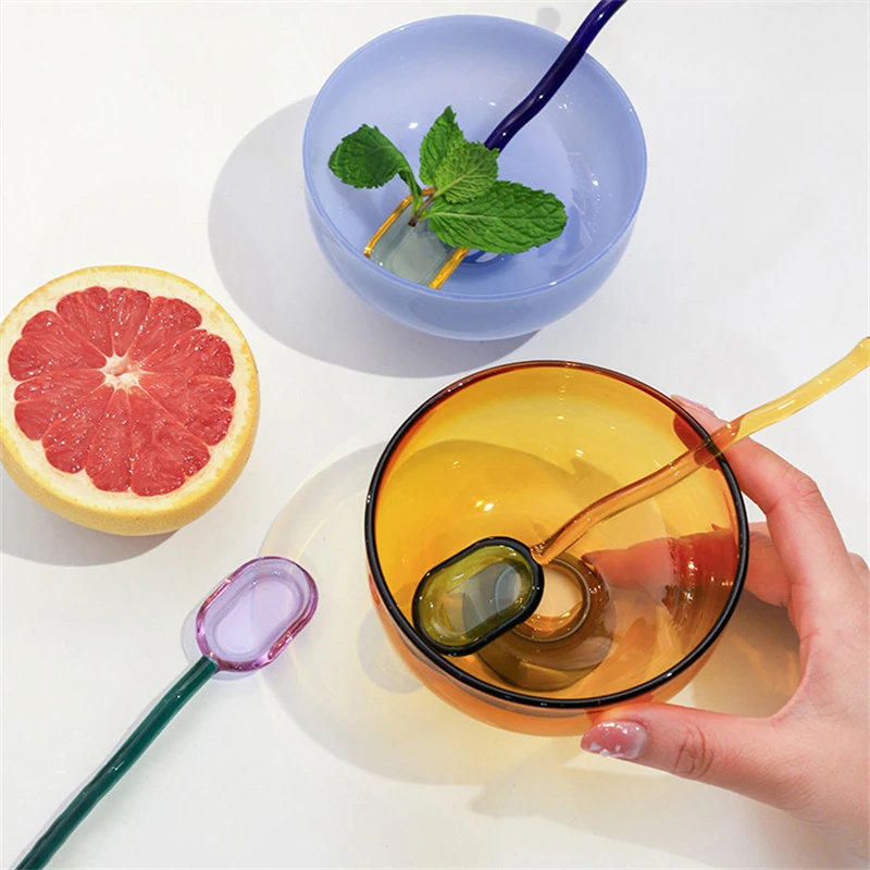 Vitral transparente taça tigela colher conjunto de alta borosilicato tigela de vidro salada frutas sobremesa tigelas utensílios de mesa do agregado familiar