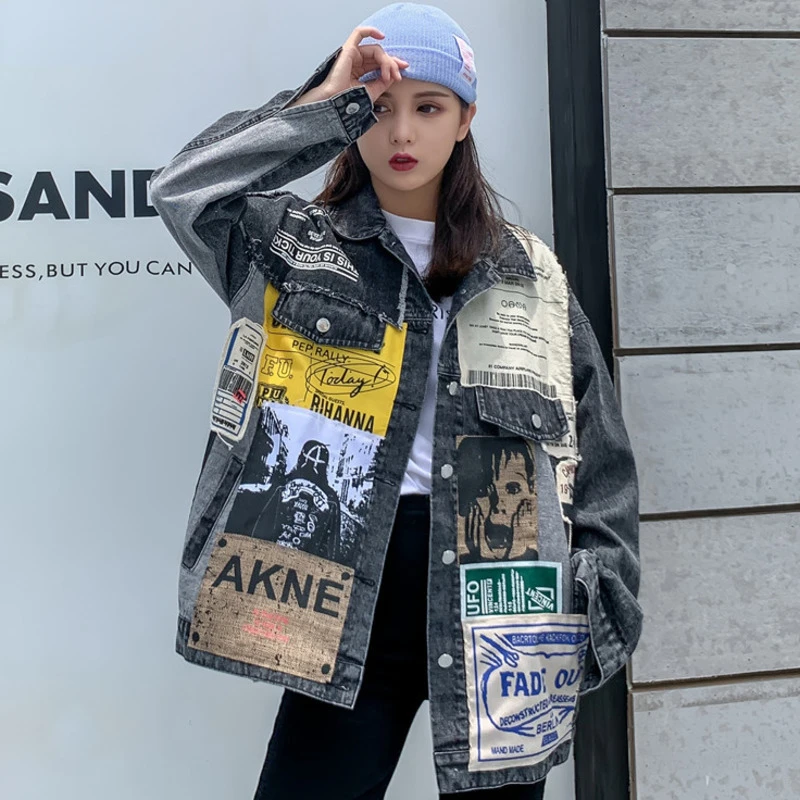 Vintage Appliques Pattern Oversize Black Letters Graffiti Denim Jacket Stitching Printing Jeans Coat Cowboy Cardigan Long Sleeve