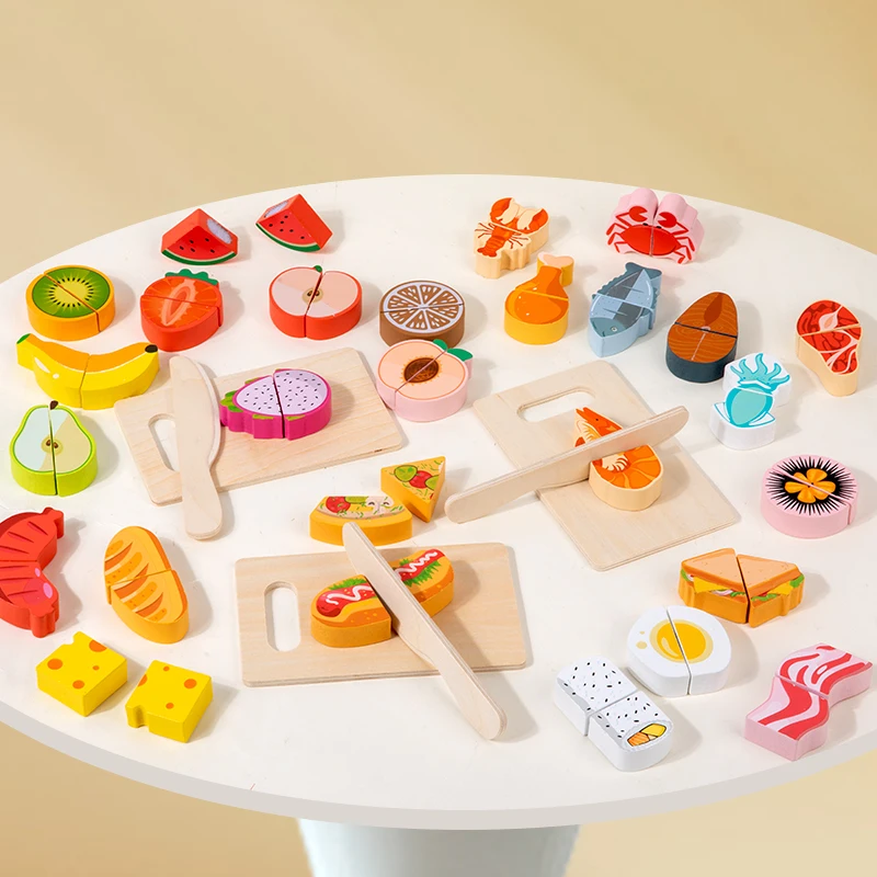 

Simulation Kitchen Pretend Toy Wooden Classic Game Montessori Educational Toy for Children Kids Gifts Cutting Fruit Seafood