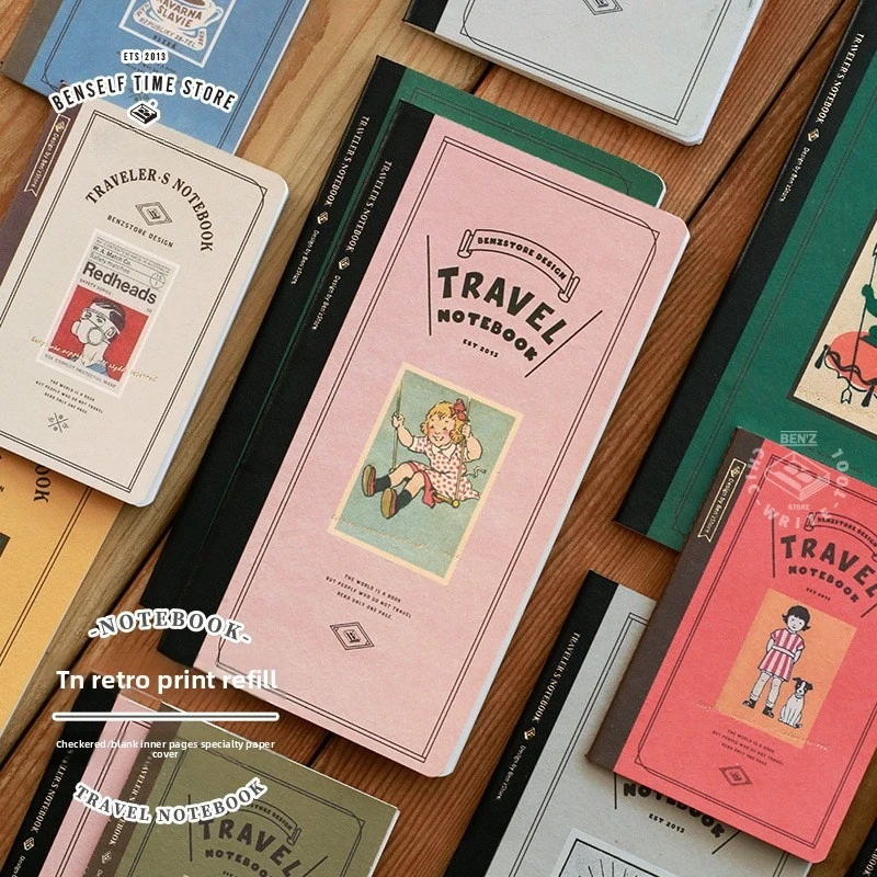 Isi Ulang Buku Catatan Loose-Leaf Fromthenon Travel TN, Kertas Dalam Kotak-kotak Kosong, Sampul Berwarna Tema Vintage, Halaman Pengganti