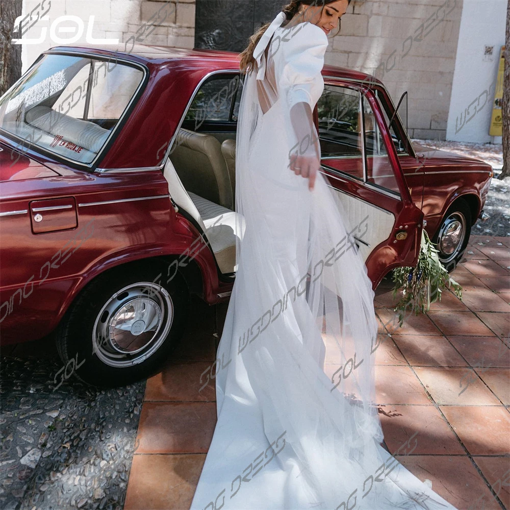 Vestidos De Novia De sirena con cuello en V profundo, vestido De Novia De satén con Espalda descubierta, Sexy, Simple, medio farol, SOL