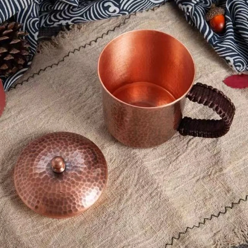 Vintage Pure Copper Coffee Cup,With lid Mug Moscow Mule Tumbler Thickened Hammer Texture Woven Handle 500 ml Beer Mug,Tableware