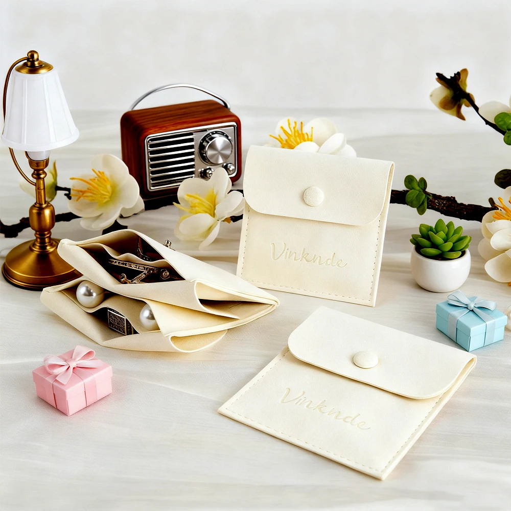 

Custom Logo Coin Watch Jewelry Storage Microfiber Snap Bag 9x9cm Travel Wedding Packaging Organizer Pouches For Necklace Rings