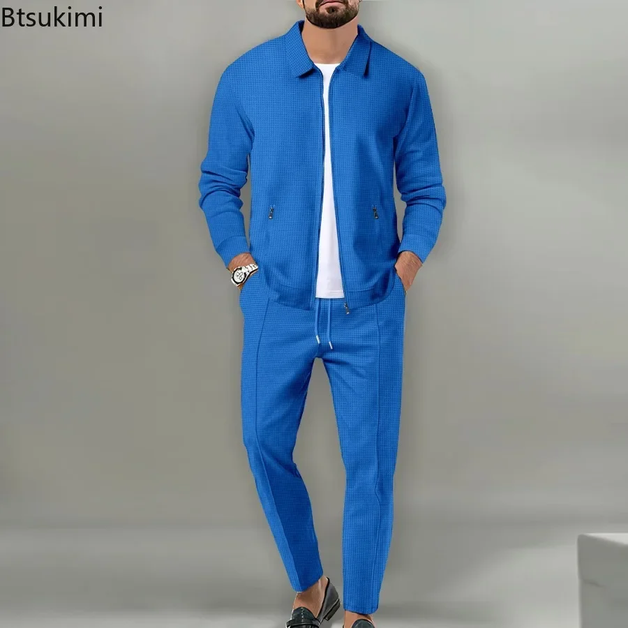 2024 männer Casual Waffel Zwei Stück Hosen Sets Lose Revers Zip-up Mäntel und Hosen Sets für männer Kleidung Herbst Mode Sets Männlich