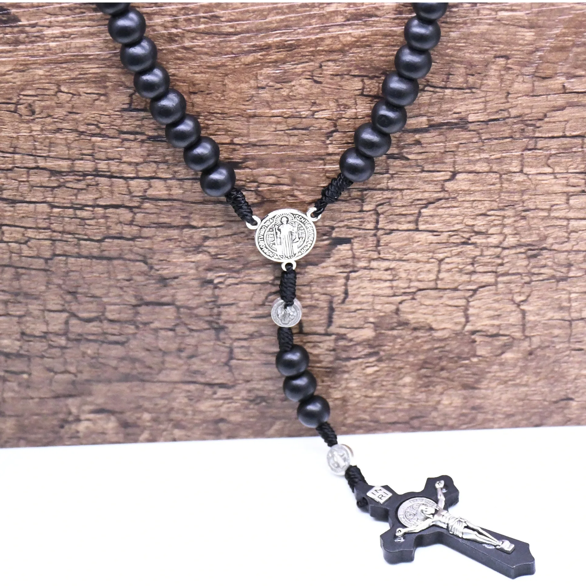 Christian Cross Crucifix Religious Rosaries Church Supplies Rosary Car Natural Wood Crosses Rosary Necklaces Hand-knitted Black