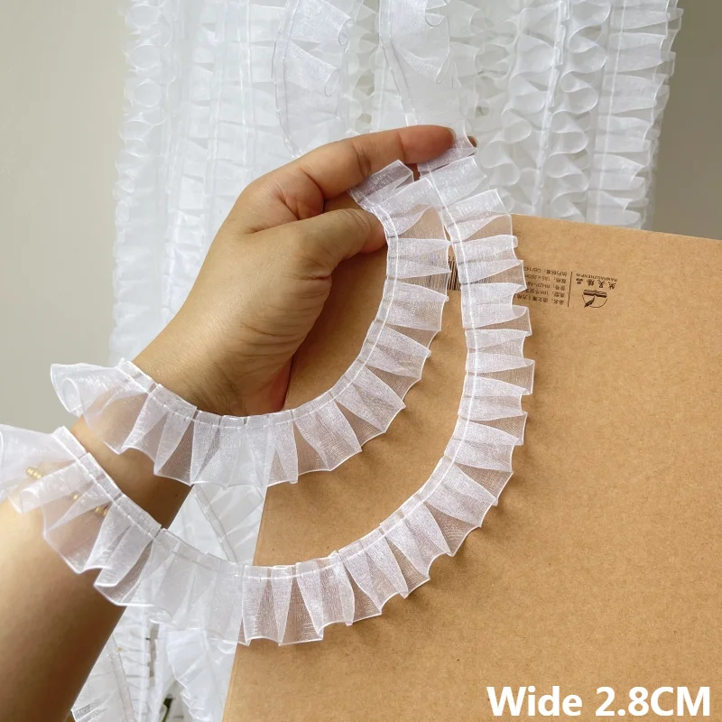 2.8CM Wide Tulle White Voile Pleated Lace Fabirc Needlework Ribbon Dress Collar Headwear Ruffle Trim DIY Crafts Sewing Material