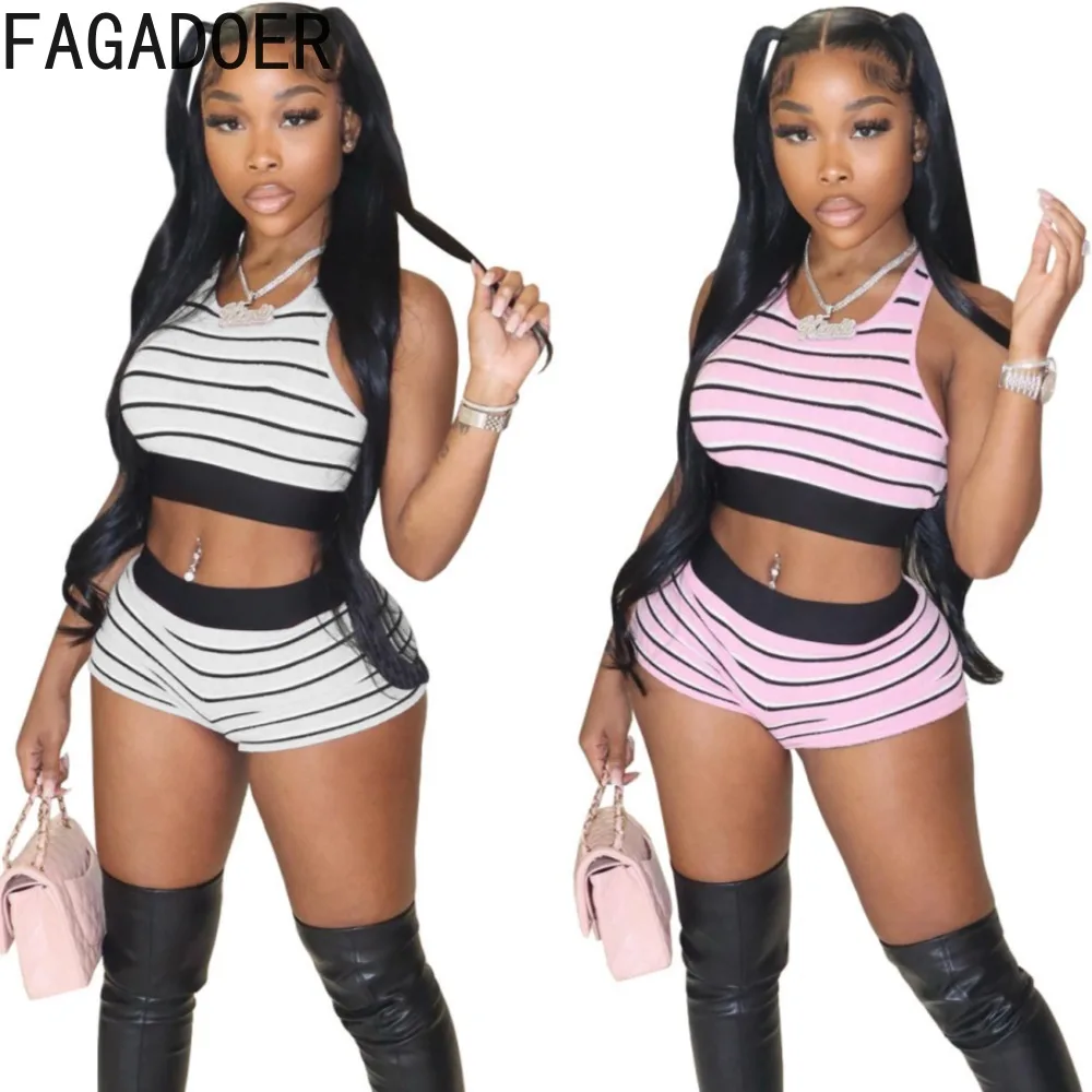 

FAGADOER Summer New Stripe Print Shorts Two Piece Sets Women Round Neck Sleeveless Tank Top And Shorts Outfits Female Streetwear