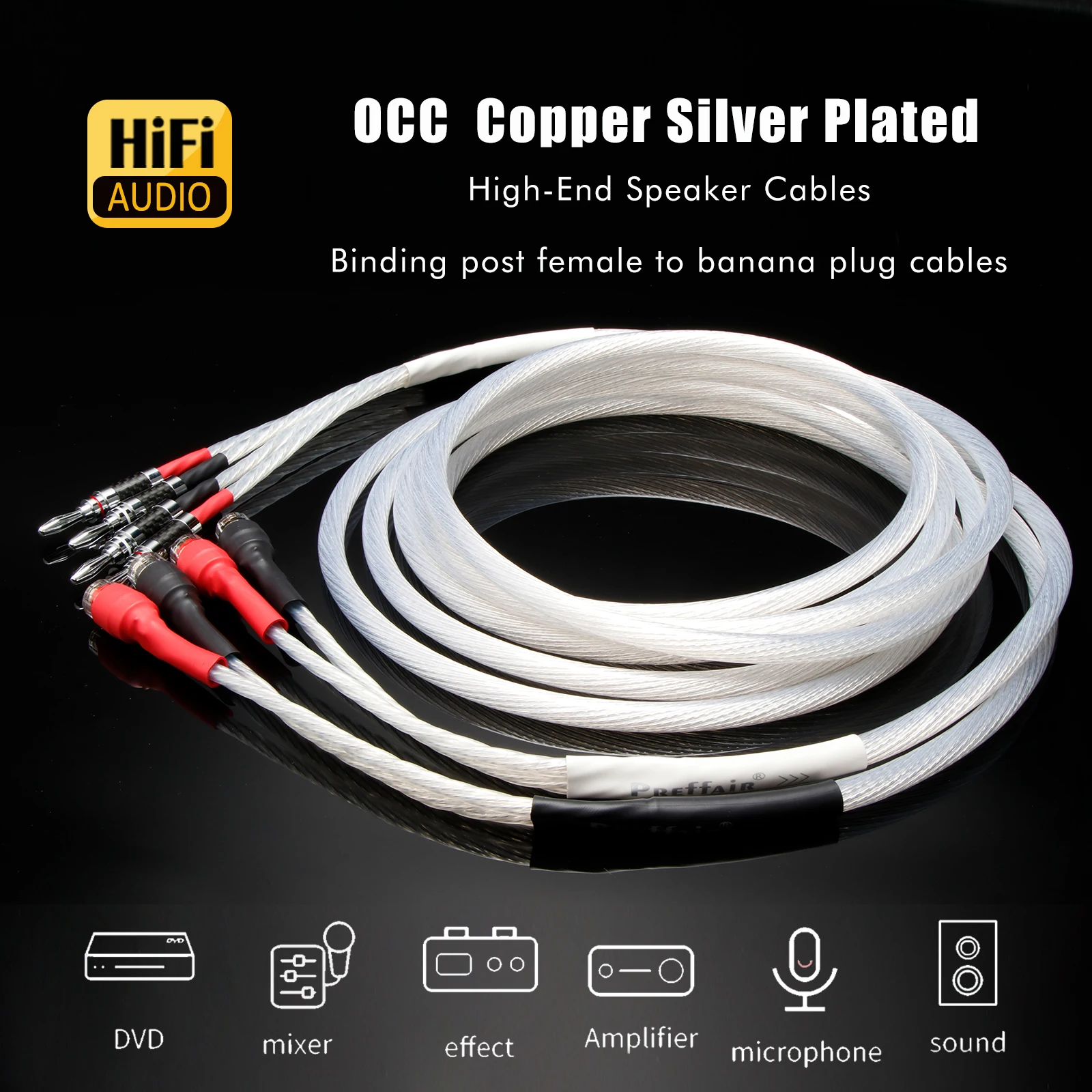 Pair Binding post to banana Loudspeaker cable 8N occ silver plated speaker cable for Hi-Fi System Amplifier Loudspeaker Cable