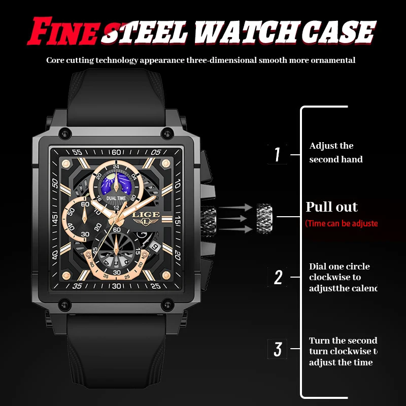 LIGE New Sport Chronograph Quartz Watch for Men Fashion Silicone Strap Square Dial Date Wristwatch 3ATM Waterproof Mens Watches