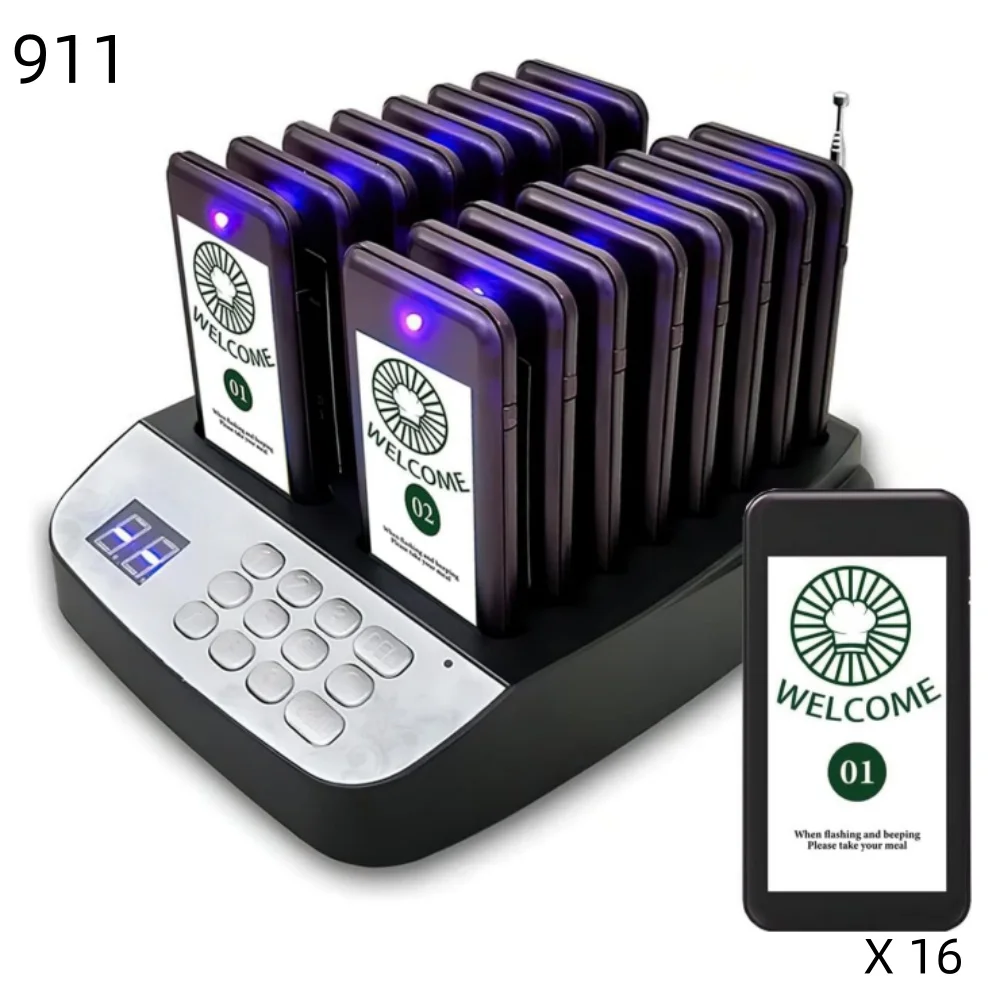 JIANTAOKJ 911 Digital Pager Wireless Restaurant Customer Calling System, 1 Host with 16Pcs Pagers for Restaurants, Cafes Bakery