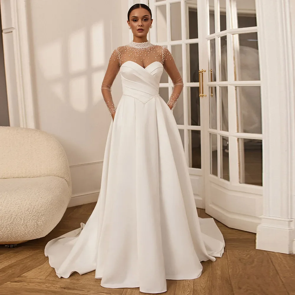 Luxury Satin Wedding Dresses Sheer High Neck Long Sleeves Beading Pearls A Line Woman Bride Dress Bridal Gowns Basque Waistline