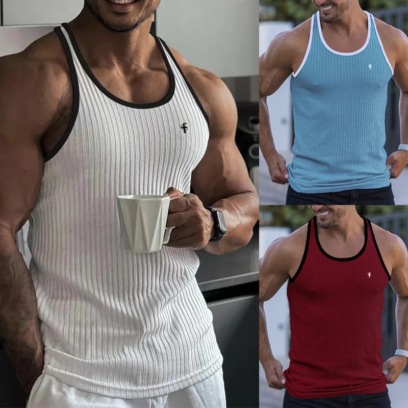 Men Vest New Summer Fast Drying Stretch Fitness Clothes Gym Running Training Slim Vertical Stripe Fashion Sportswear Sleeveless