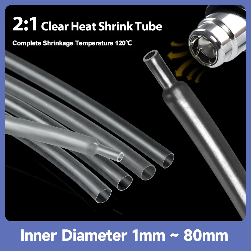 

1/2/5/10M 2:1 Clear Heat Shrink Tube 1mm ~ 80mm Transparent Shrinking Polyolefin Insulation Sleeving Wire Cable DIY Sleeve Wrap