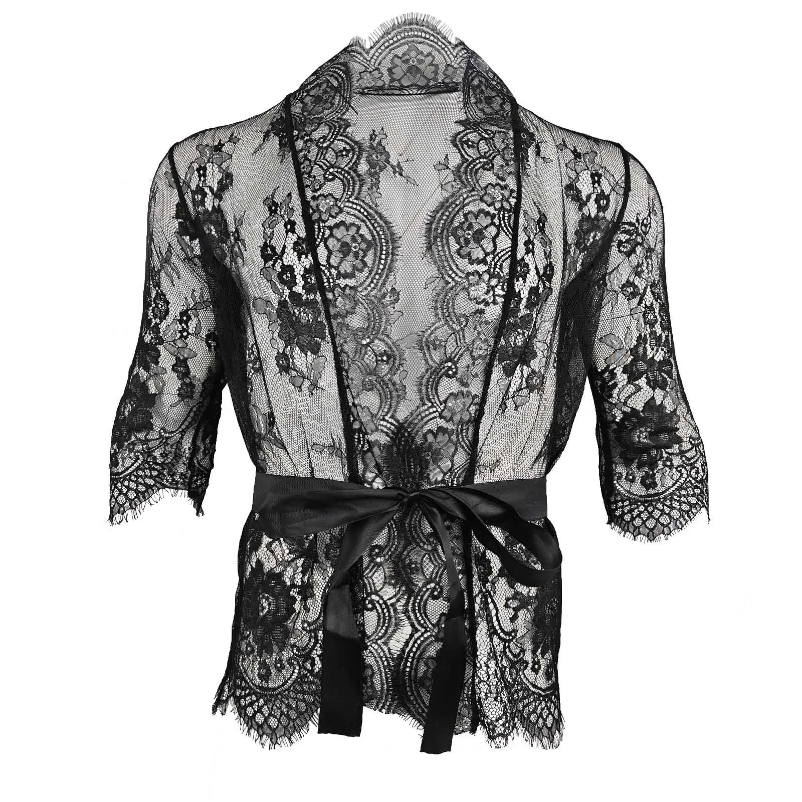 Men\'s Sexy Nightdresses Lace Sheer Pajamas V-Neck Tulle Cardigan Erotic Lingerie Robe for Men Women Erotic Nightwear Nightgown