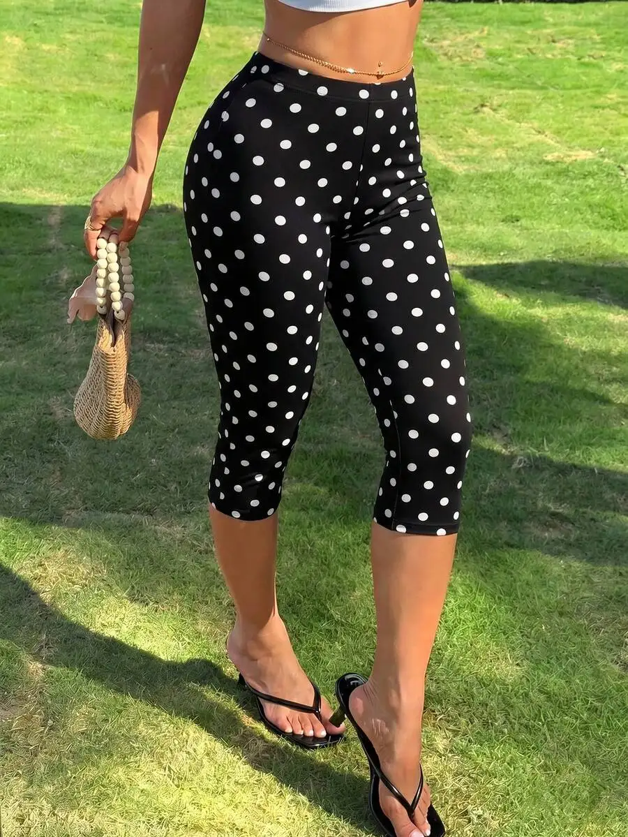 Women's Polka Dot High Elasticity 3/4 Leggings, 3/4 Pants With Slit Design, Women's Clothing, Women's Leggings Vacation Black