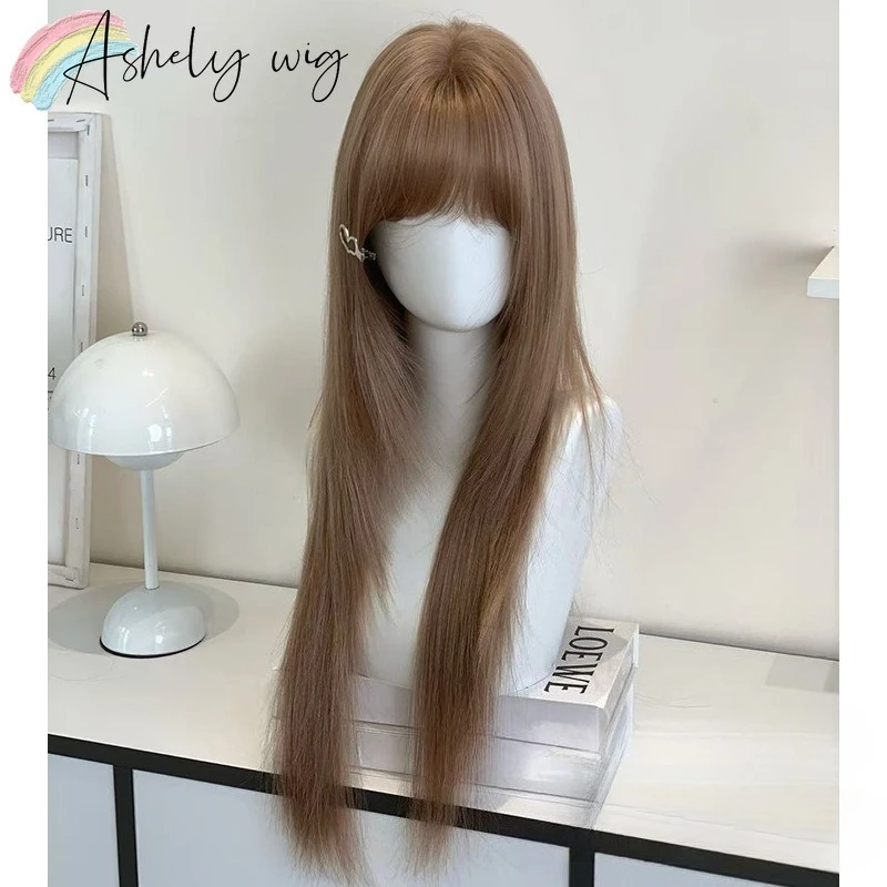 

Honey Brown Wig Layer Long Straight Hair Wig with Bangs Synthetic Wigs Femme Lolita Wig Cute High Temperature Fibers Peruca