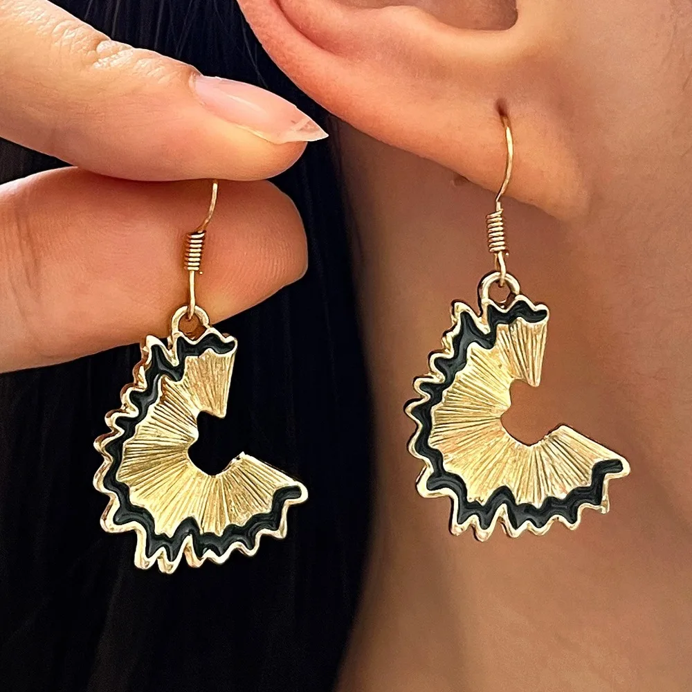 Cute Black Enamel Wavy Edge Textured Pencil Shaving Fan Dangle Earrings Flower Yellow Pencil Charm Earrings for Women Jewelry