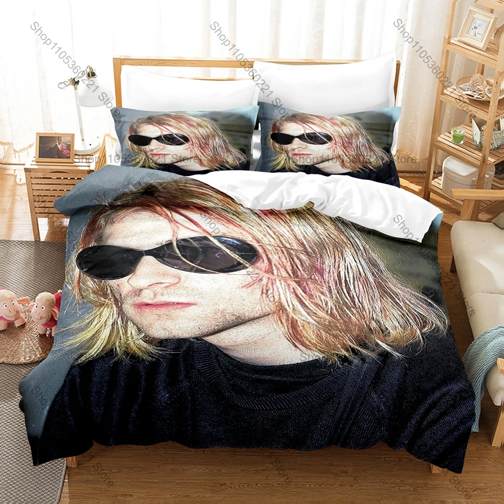 Rock Star Kurt Cobain Bedding Set, Duvet Cover & 2 Pillowcases, Classic Musician Pattern Breathable Fabric All Season Use
