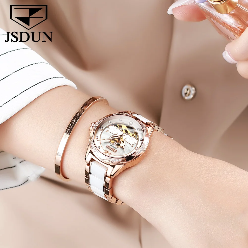 JSDUN 8831 Luxury Hollow Mechanical Watch For Women Ceramic Steel Strap Waterproof Hand Clock Sapphire Mirror Automatic Watches