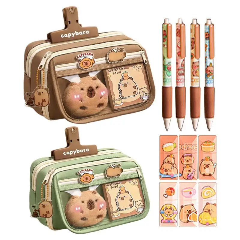 Estojo de lápis de tecido capivara fofo, 9 camadas, grande capacidade, zíper animal, bolsa infantil, meninos, meninas, material escolar