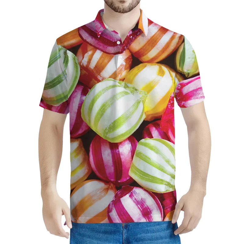 Colorful Lollipop Pattern Polo Shirt Men 3D Printed Candy Short Sleeve Lapel Tees Children Summer Harajuku Tops Button T-shirt