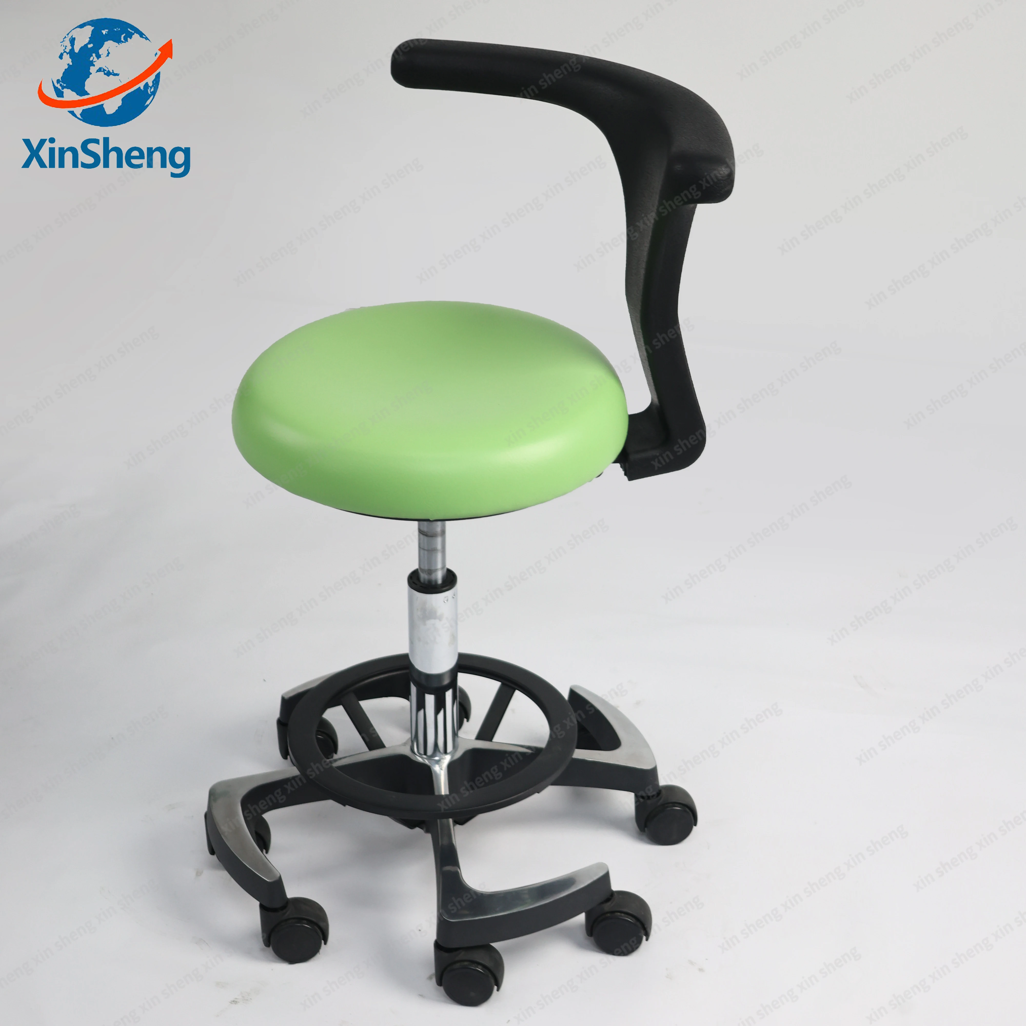Green Seat Salon Stool With Single Armrest, Height Adjustable Foot Control Swivel Dentist Chair
