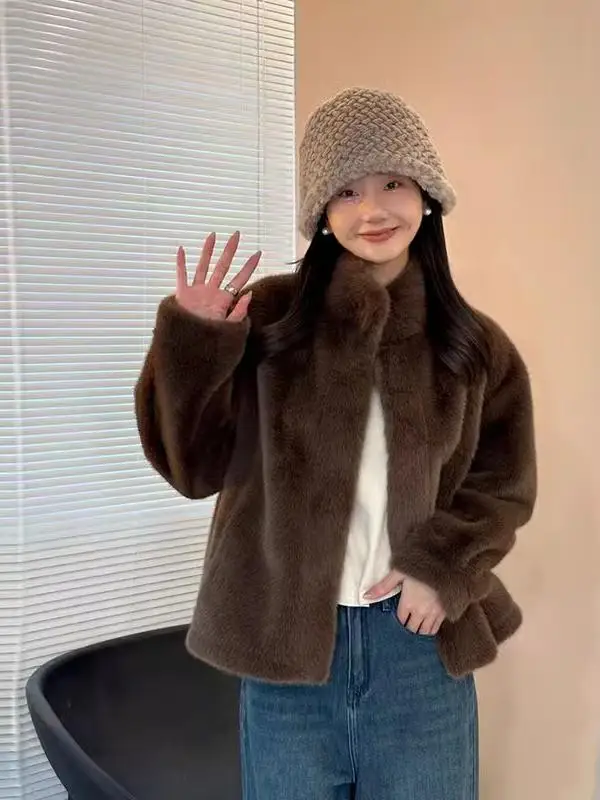 Casaco de Pele com Gola Alta para Mulheres, Inverno 2025, Novo, Couro e Pele Sintéticos, Ecológico, Plus...