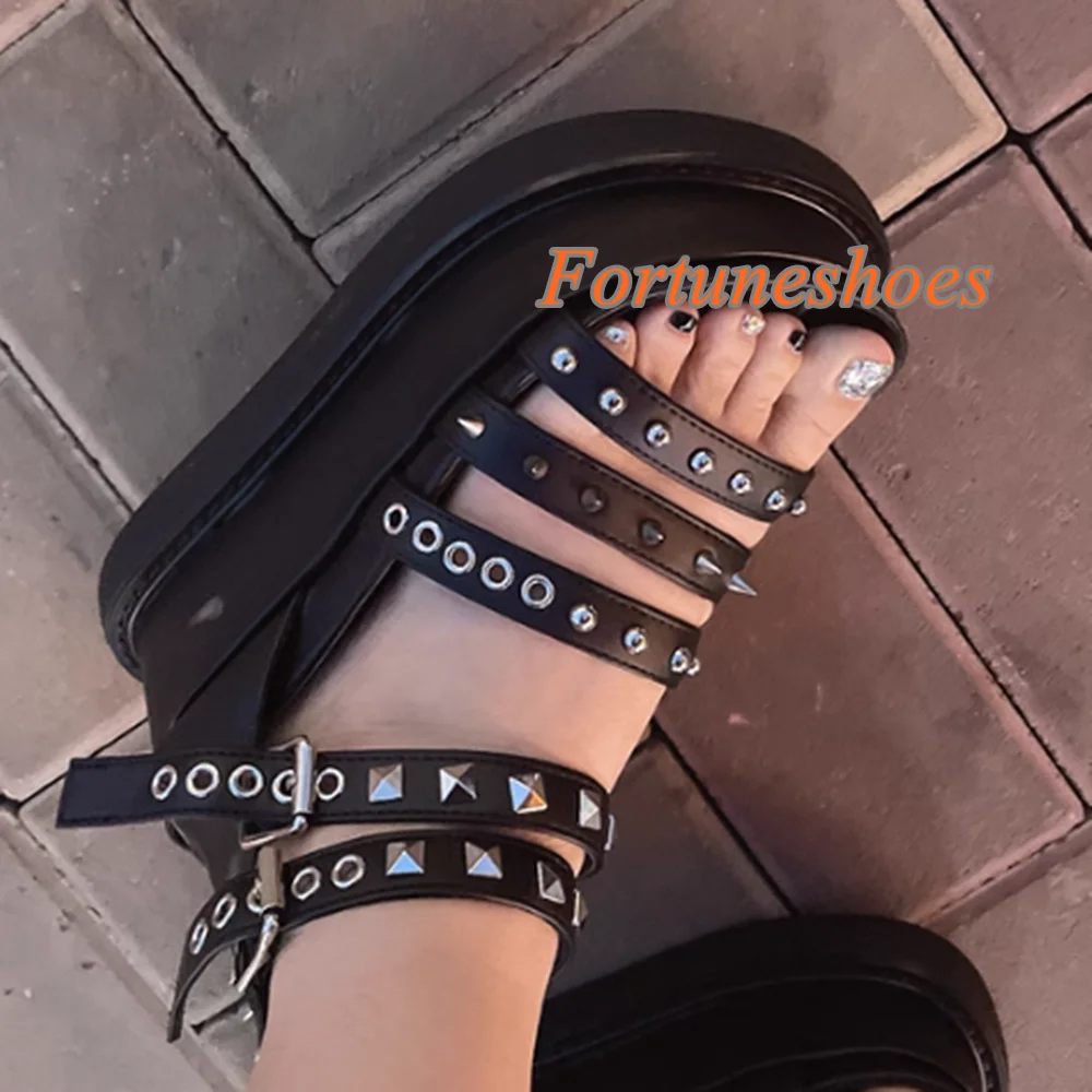 Rivet One Word Belt Buckle Sandals Women Peep Toe Platform Shallow Solid Black Pumps Fashion Summer Casual 2025 Newest Sandals