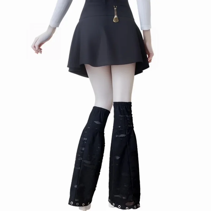 Gothic Socks For Women Knee High Flare Leg Warmer Street Harajuku Stockings Ripped Fabric Eyelet Ribbon 2025 Spring Summer
