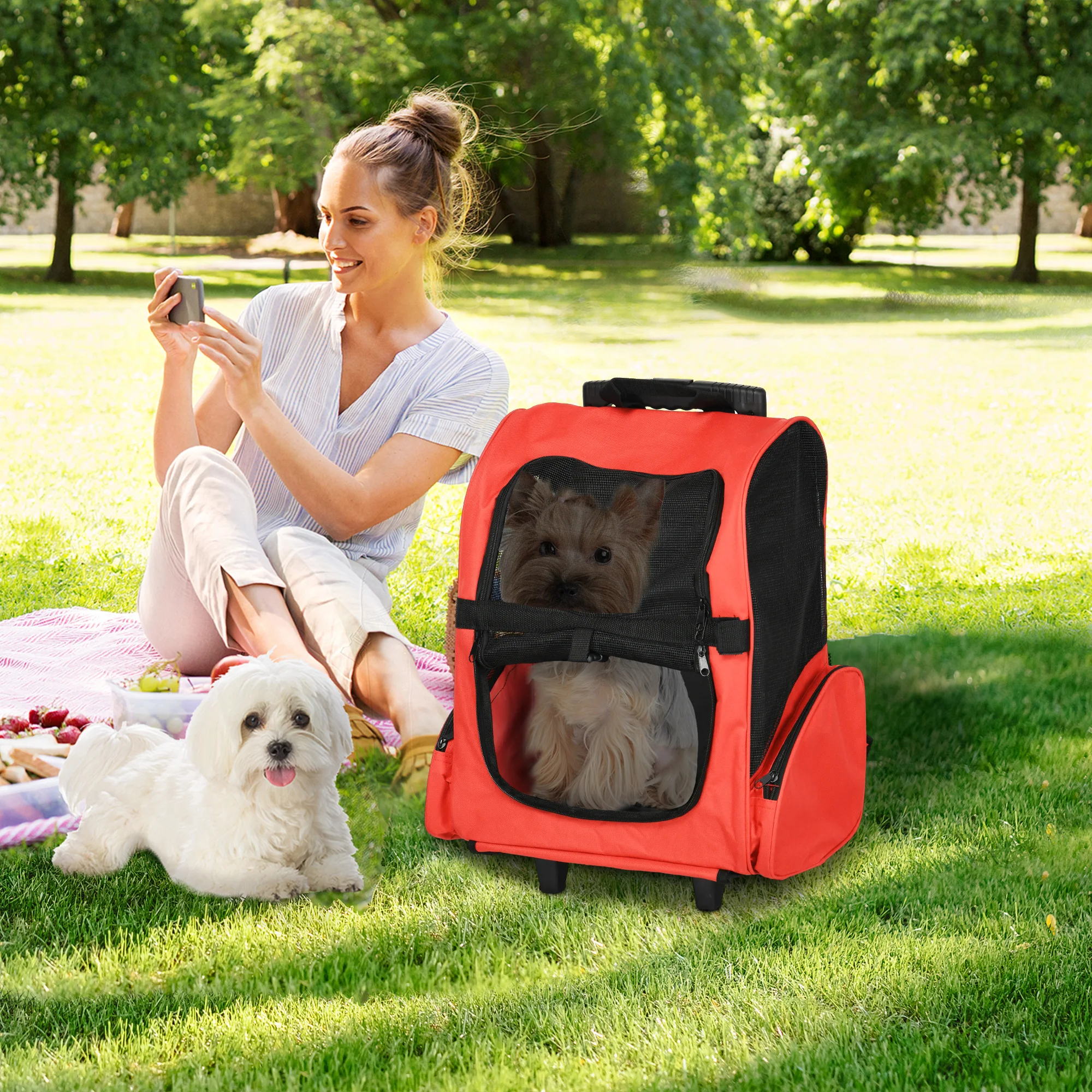 PawHut Transportín Carrito para Mascotas 2 en 1 Mochila de Viaje con 2 Ruedas con Asa Retráctil de Aluminio 42x25x55 cm