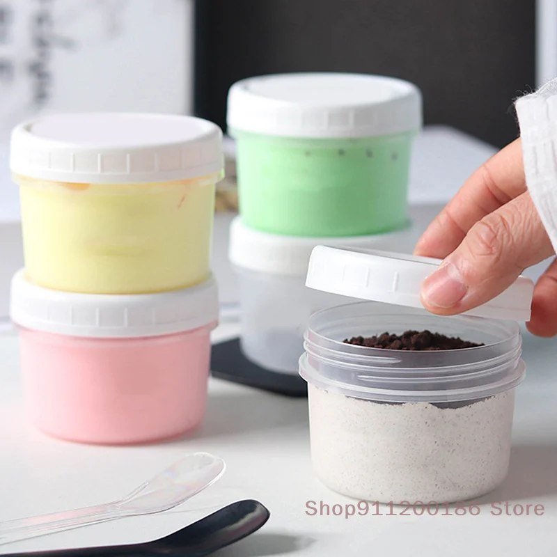New~5Pcs Refillable Round Plastic Food Empty Jar With Lids Sealed Fresh Box Portable Ice Cream Yogurt Storage Freezer Containers
