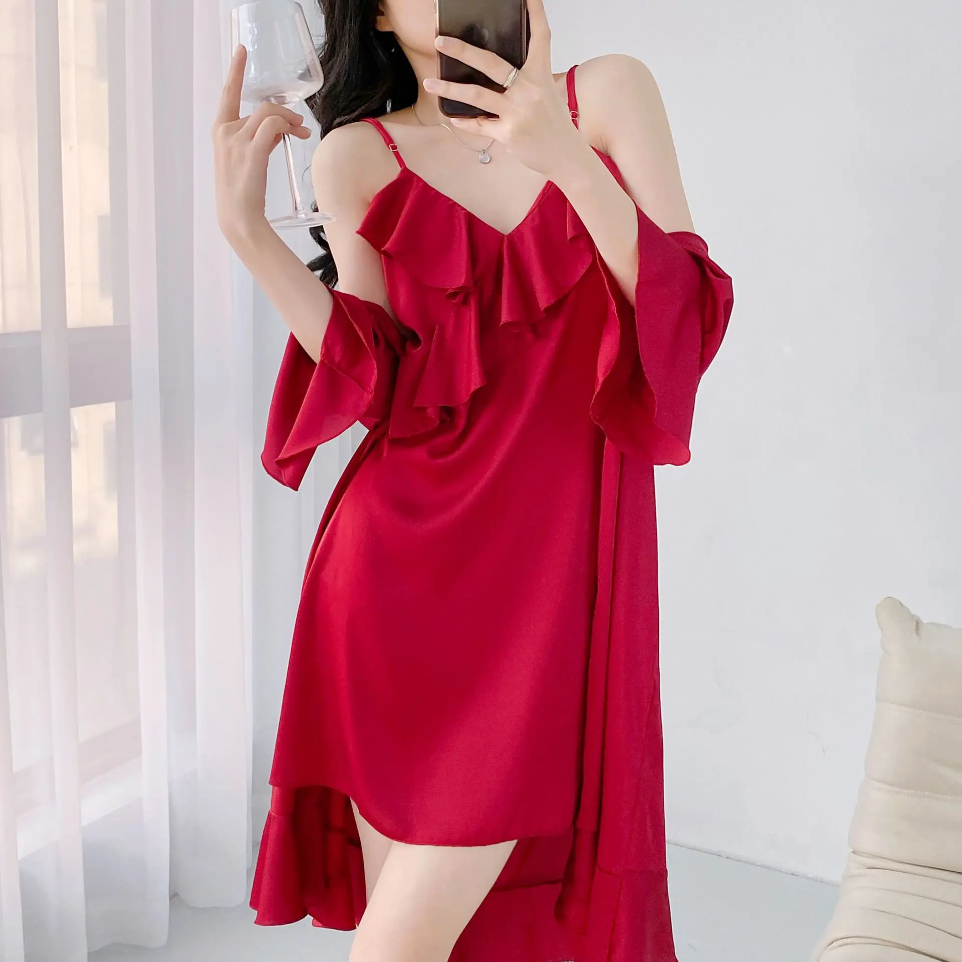 Women Underwear 2 Piece Sets Solid Color Satin Lace Bathrobe Ruffles Deep V Backless Nightdress Casual Sexy Sleepwear Women