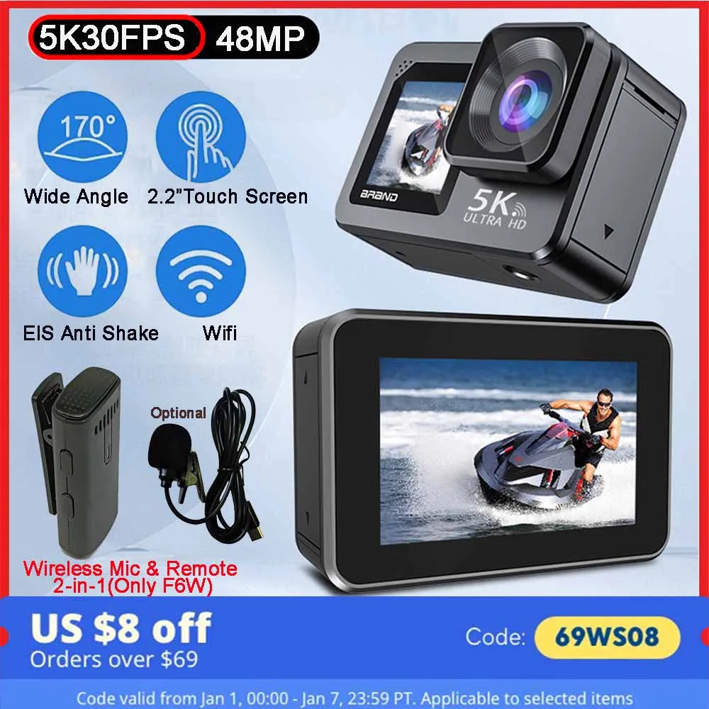 Action Camera F6W Wireless Mic 5K 4K60FPS 48MP 2.2\