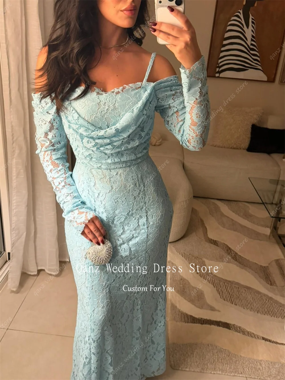 Qanz eleganti abiti da sera in pizzo senza spalline maniche lunghe Dubai Robes De Soirée abiti da cerimonia a sirena donna personalizzata