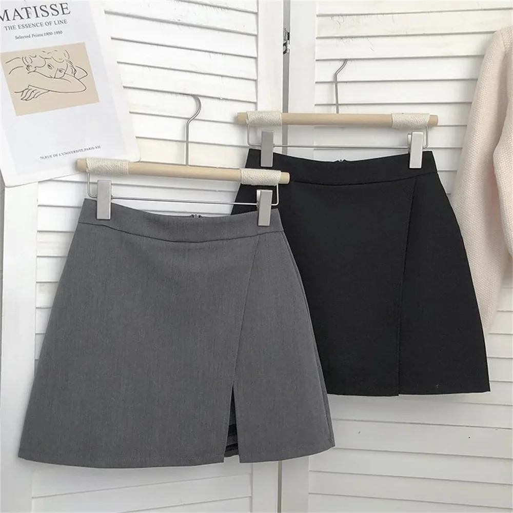 Korean Fashion Zipper All Matched Shorts Skirts vintage for women 2024 Black Grey Irregular Skirt A-line Women High Waist Skirt