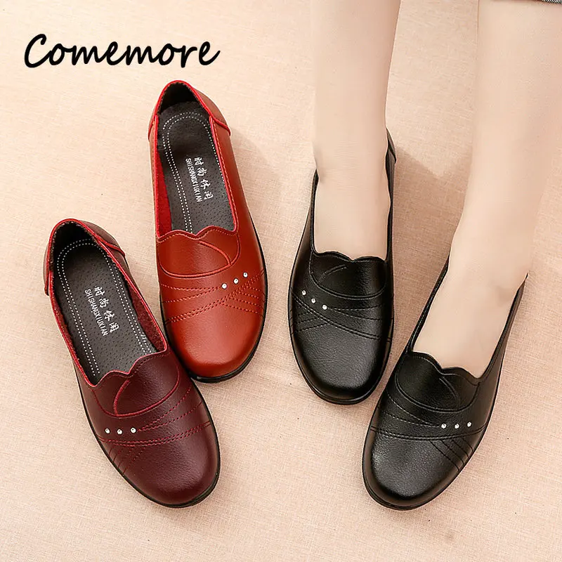 Spring Summer Women Flat Shoes Leather Casual Loafers Female Flats Slip on Moccasins Comfort Ladies Mother Footwear 41