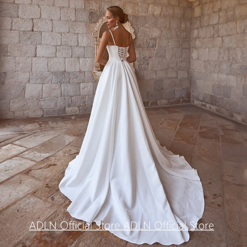 Simple Corset Wedding Dress Customized Spaghetti Straps Scoop Neck Pocket Bridal Gown A Line Sweep Train Bride Dresses